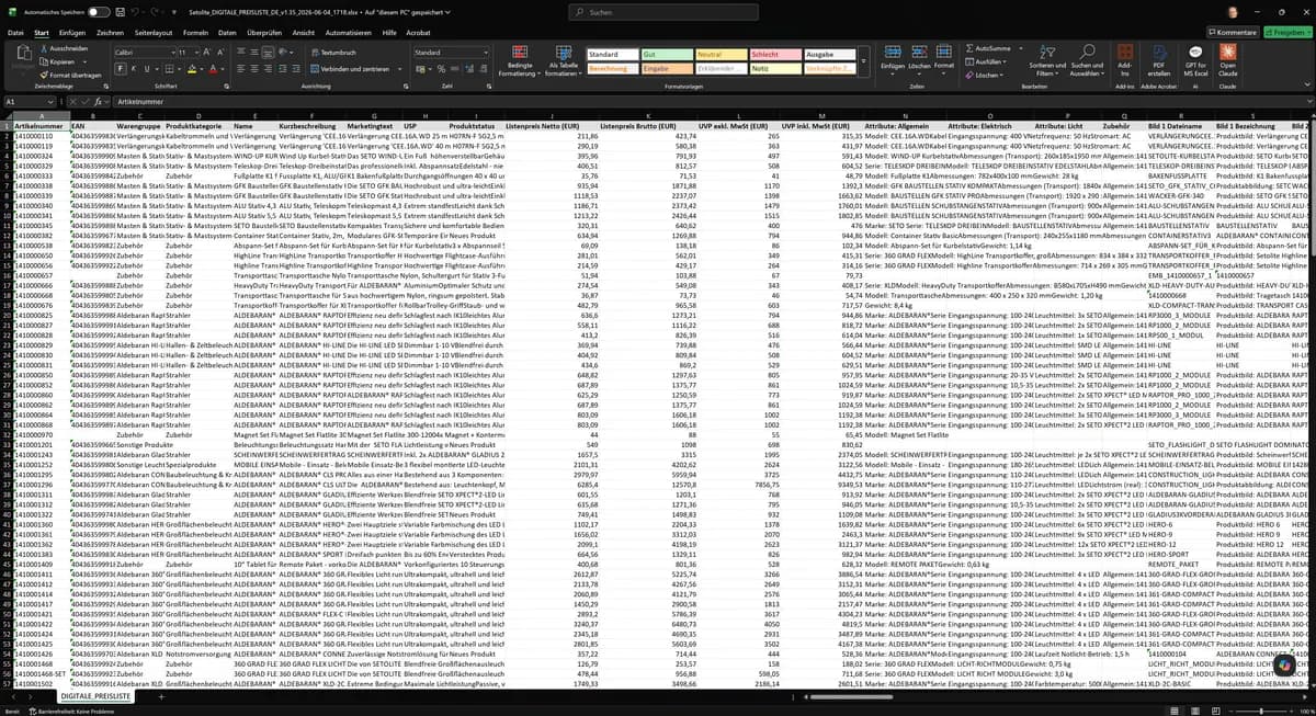 Digitale Preisliste aus dem BVP DataHub mit Produktdaten, Preisen und Bildinformationen
