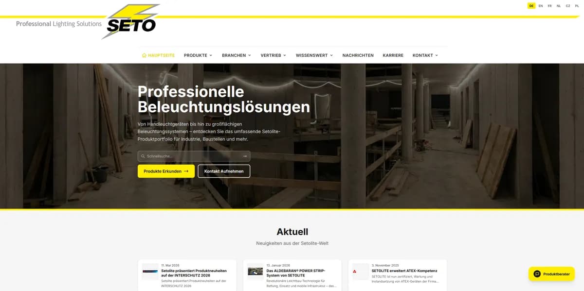 Screenshot der mehrsprachigen Setolite Website mit Produktdaten aus dem BVP DataHub